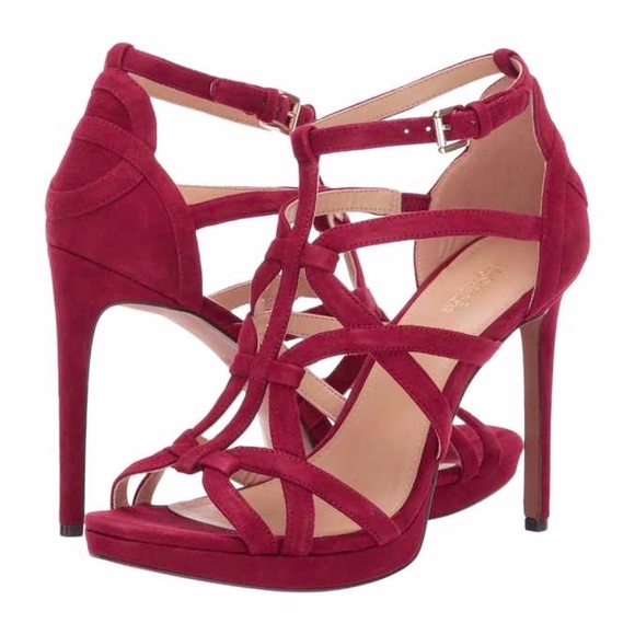 Michael Kors Sandra Silhouette Platforms Red Burgundy Suede Leather Sandals Heel - Picture 4 of 12